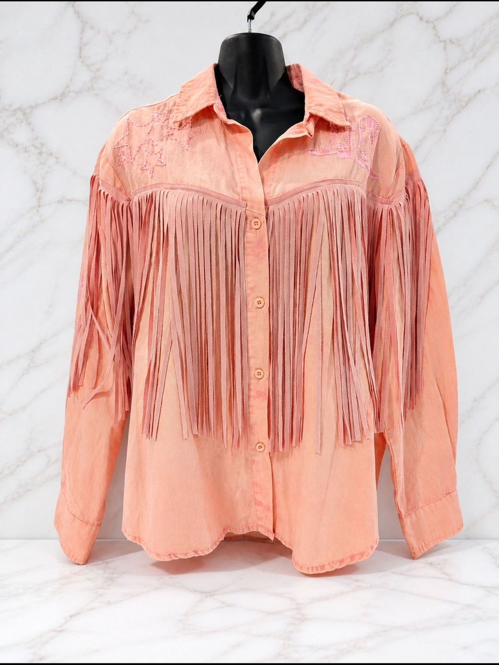 Peach Fringe Western Shirt Embroidered Boho Button Up Top Size L